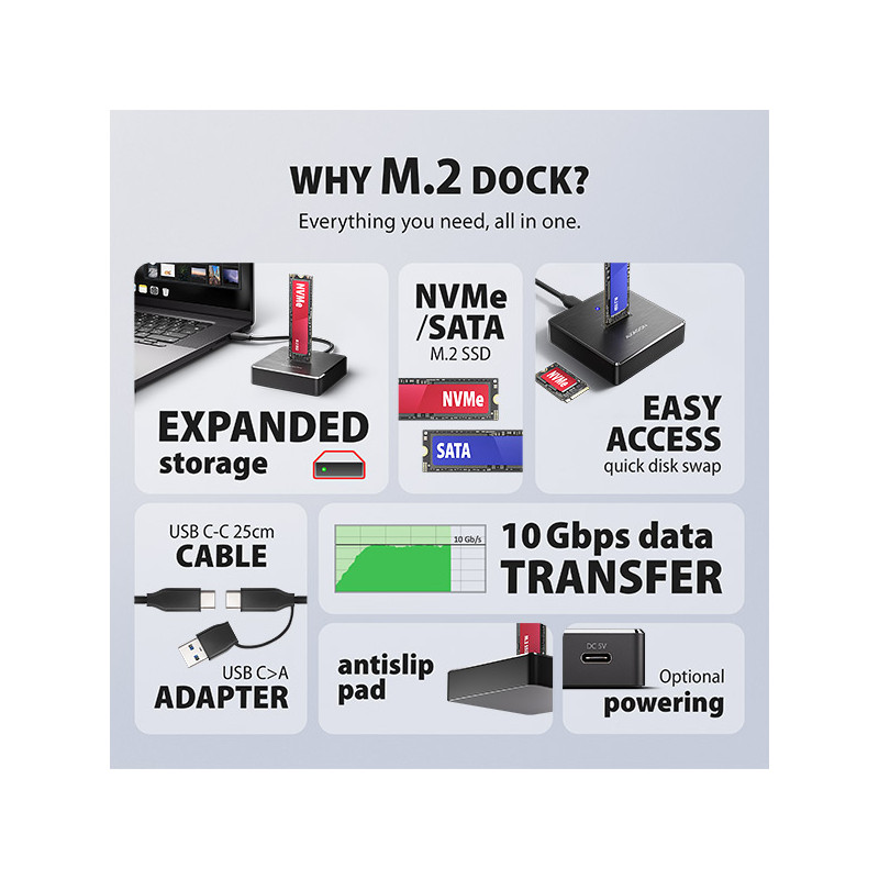 AXAGON ADSA-M2C11, USB-C 10Gbps dokovacia stanica pre 1× M.2 NVMe/SATA SSD