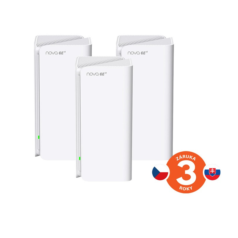 Tenda Nova MX21 Pro (3-pack) WiFi6E AXE5700 Mesh Gigabit systém, 9x GLAN/GWAN, WPA3, VPN, CZ app