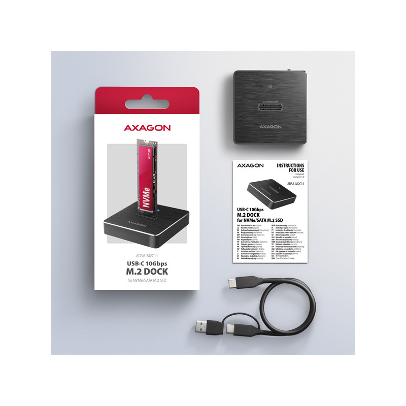 AXAGON ADSA-M2C11, USB-C 10Gbps dokovacia stanica pre 1× M.2 NVMe/SATA SSD