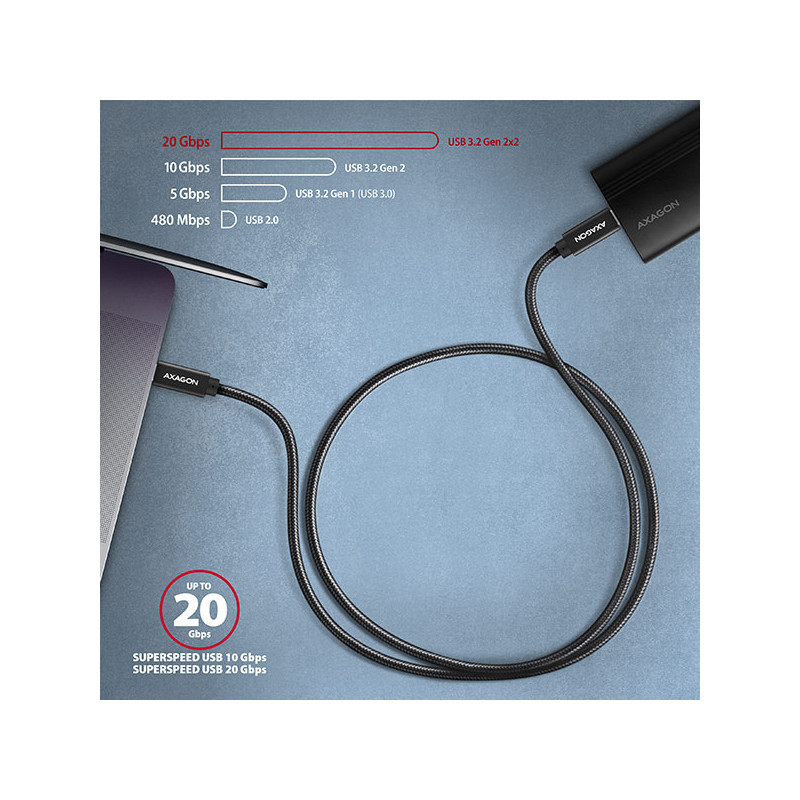 AXAGON BUCM32-CM10AB, SPEED+ kábel USB-C -- USB-C, 1m, USB 20Gbps, PD 100W 5A, 4K HD, ALU, oplet
