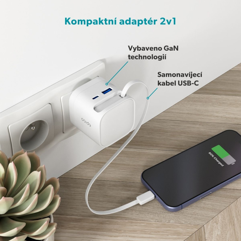 Epico UltraBoost Retractable GaN 65W adaptér EA65c so zabudovaným káblom