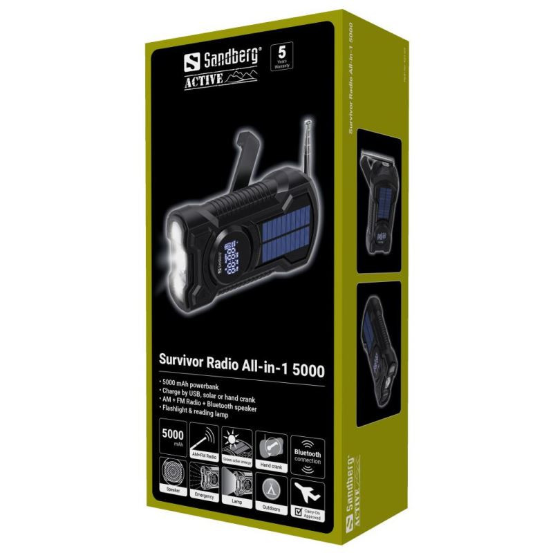 NONAME - Sandberg Surviovor All-in-1 5000 mAh, FM/AM rádio s ďalšími funkciami, čierna