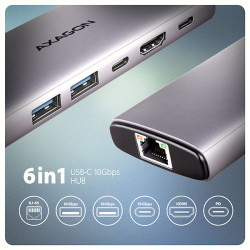 AXAGON HMC-6G2L, USB 10Gb/s húb, 2x USB-A, 1x USB-C, HDMI 4k/60, RJ-45, PD 100W, kábel USB-C 15cm
