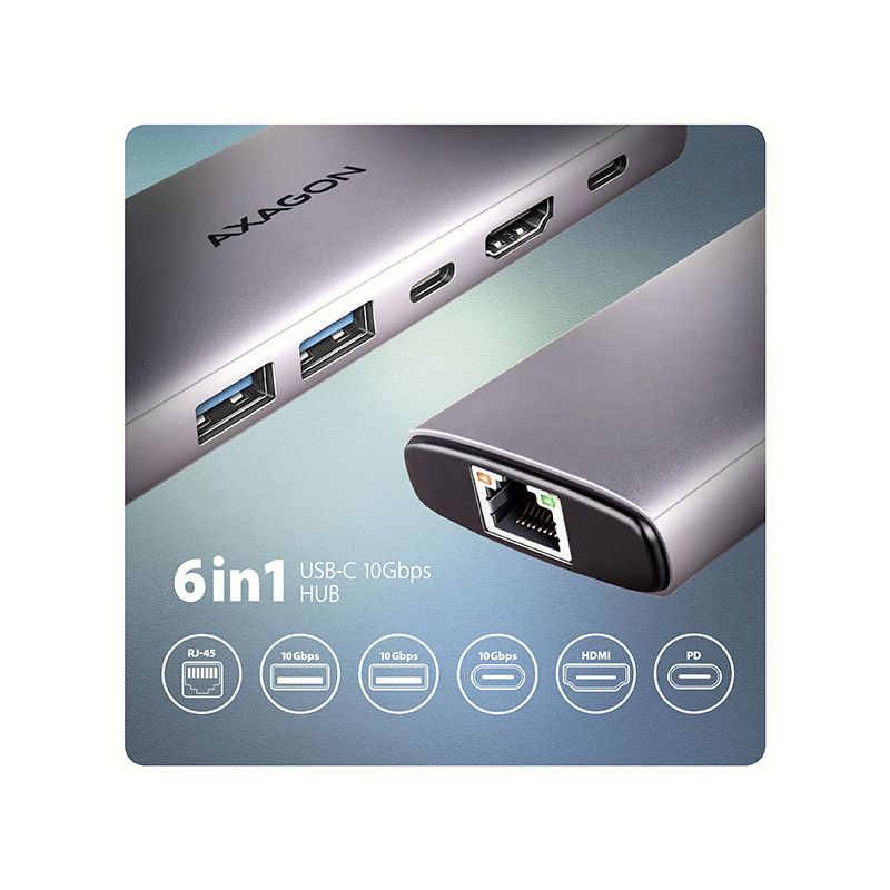 AXAGON HMC-6G2L, USB 10Gb/s húb, 2x USB-A, 1x USB-C, HDMI 4k/60, RJ-45, PD 100W, kábel USB-C 15cm