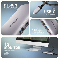 AXAGON HMC-6G2L, USB 10Gb/s húb, 2x USB-A, 1x USB-C, HDMI 4k/60, RJ-45, PD 100W, kábel USB-C 15cm