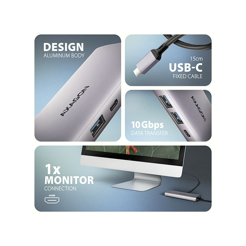 AXAGON HMC-6G2L, USB 10Gb/s húb, 2x USB-A, 1x USB-C, HDMI 4k/60, RJ-45, PD 100W, kábel USB-C 15cm