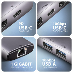 AXAGON HMC-6G2L, USB 10Gb/s húb, 2x USB-A, 1x USB-C, HDMI 4k/60, RJ-45, PD 100W, kábel USB-C 15cm