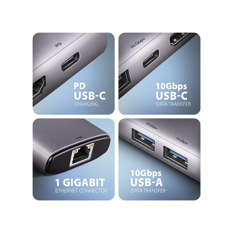 AXAGON HMC-6G2L, USB 10Gb/s húb, 2x USB-A, 1x USB-C, HDMI 4k/60, RJ-45, PD 100W, kábel USB-C 15cm