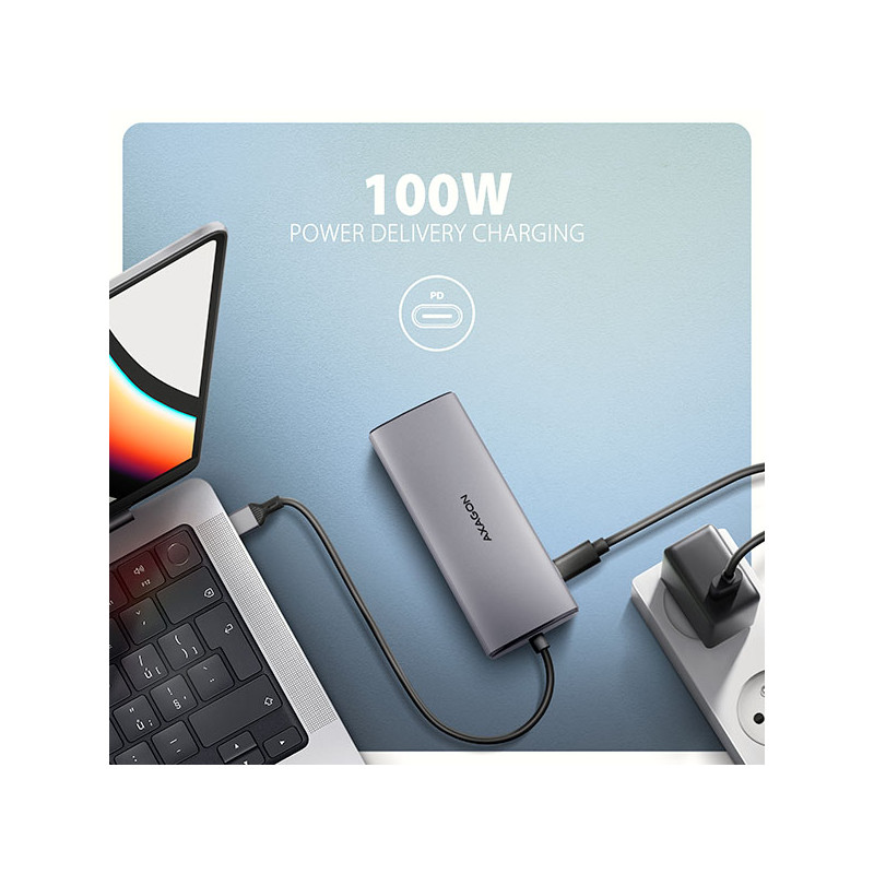 AXAGON HMC-6G2L, USB 10Gb/s húb, 2x USB-A, 1x USB-C, HDMI 4k/60, RJ-45, PD 100W, kábel USB-C 15cm