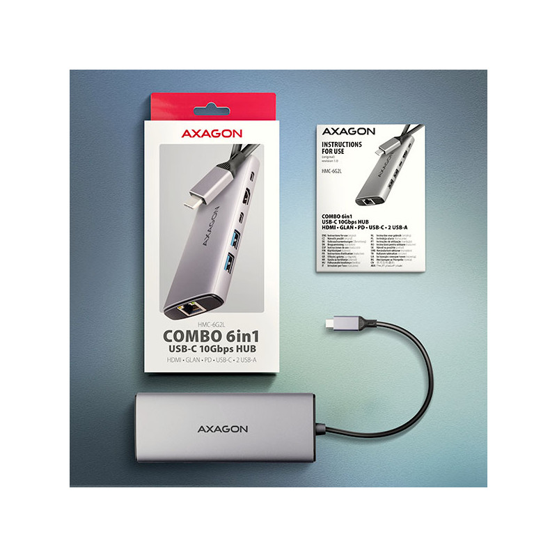 AXAGON HMC-6G2L, USB 10Gb/s húb, 2x USB-A, 1x USB-C, HDMI 4k/60, RJ-45, PD 100W, kábel USB-C 15cm