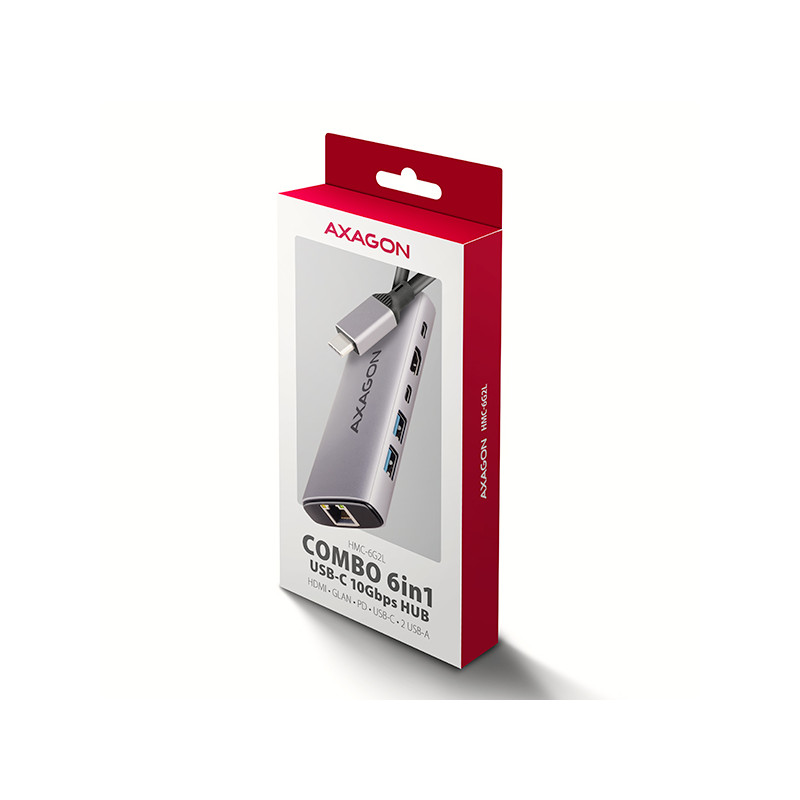 AXAGON HMC-6G2L, USB 10Gb/s húb, 2x USB-A, 1x USB-C, HDMI 4k/60, RJ-45, PD 100W, kábel USB-C 15cm