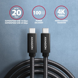 AXAGON BUCM32-CM20AB, SPEED+ kábel USB-C -- USB-C, 2m, USB 20Gbps, PD 100W 5A, 4K HD, ALU, oplet