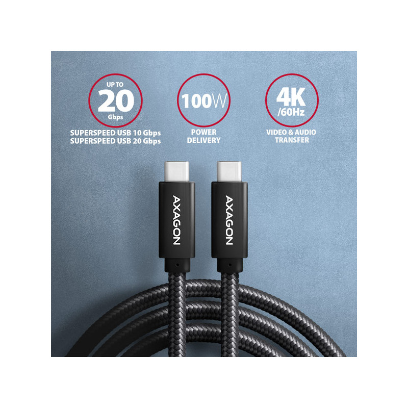AXAGON BUCM32-CM20AB, SPEED+ kábel USB-C -- USB-C, 2m, USB 20Gbps, PD 100W 5A, 4K HD, ALU, oplet