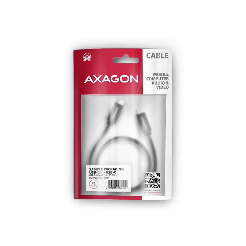AXAGON BUCM32-CM20AB, SPEED+ kábel USB-C -- USB-C, 2m, USB 20Gbps, PD 100W 5A, 4K HD, ALU, oplet