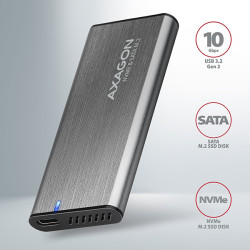 AXAGON EEM2-SG2, USB-C 3.2 Gen 2 - M.2 NVMe & SATA SSD kovový RAW box, bezšróbkový, striebra