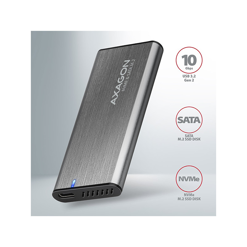AXAGON EEM2-SG2, USB-C 3.2 Gen 2 - M.2 NVMe & SATA SSD kovový RAW box, bezšróbkový, striebra