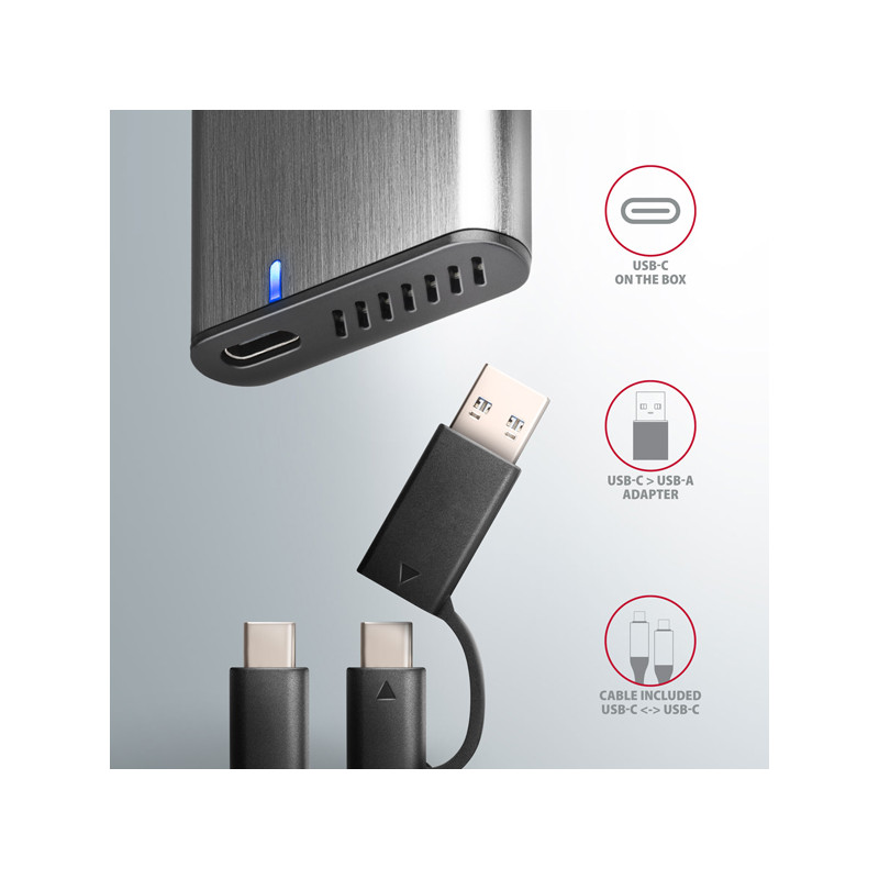 AXAGON EEM2-SG2, USB-C 3.2 Gen 2 - M.2 NVMe & SATA SSD kovový RAW box, bezšróbkový, striebra