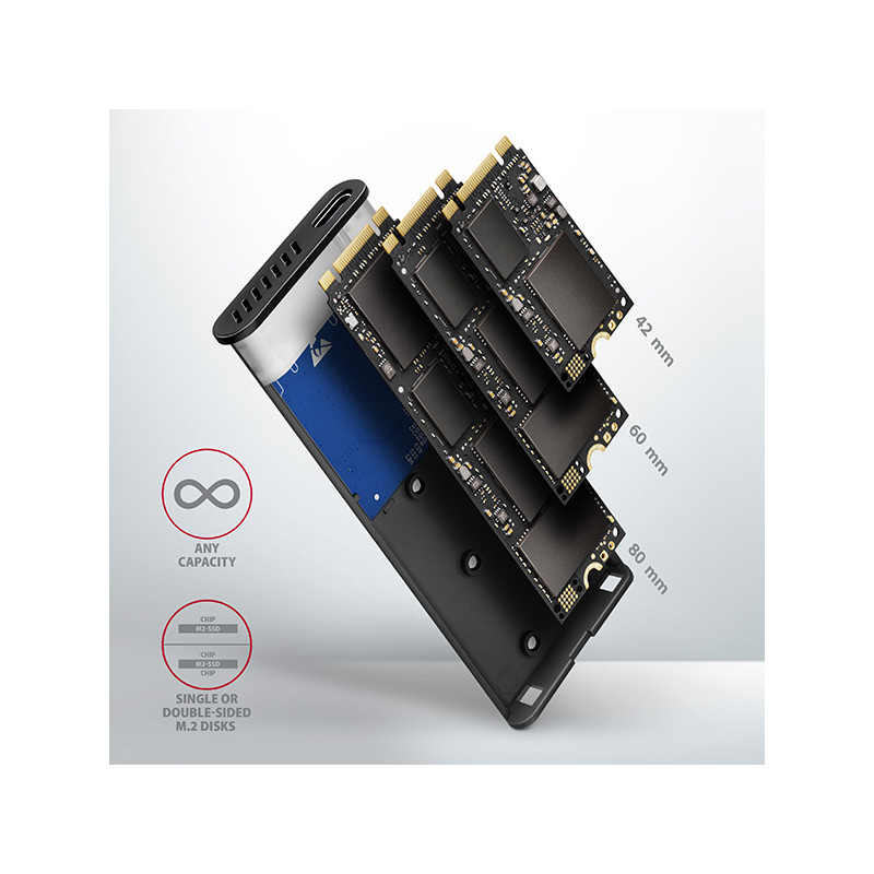 AXAGON EEM2-SG2, USB-C 3.2 Gen 2 - M.2 NVMe & SATA SSD kovový RAW box, bezšróbkový, striebra