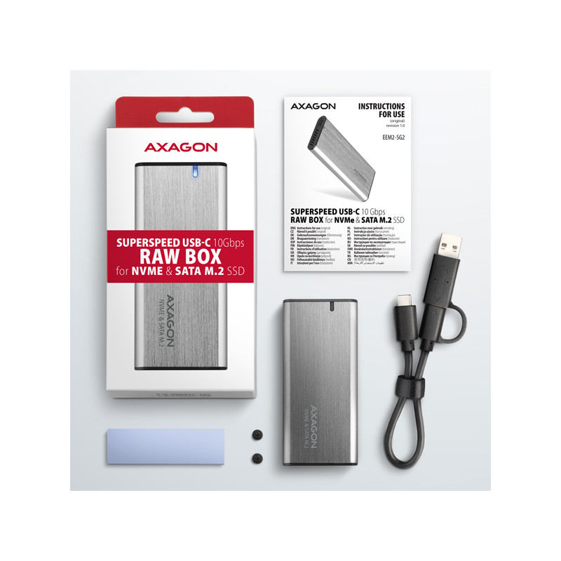 AXAGON EEM2-SG2, USB-C 3.2 Gen 2 - M.2 NVMe & SATA SSD kovový RAW box, bezšróbkový, striebra