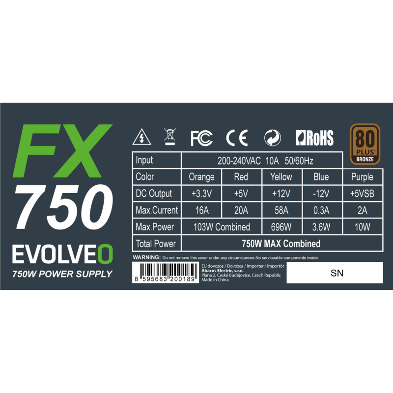EVOLVEO FX 750, zdroj 750W ATX, 14cm, 80+, Bronze, 3YRW