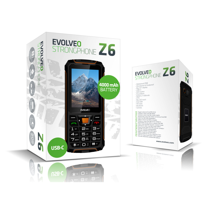 EVOLVEO StrongPhone Z6, IP68 odolný Dual SIM telefón, 2,8'' LCD, 4000mAh, Powerbanka, černo-oranžový