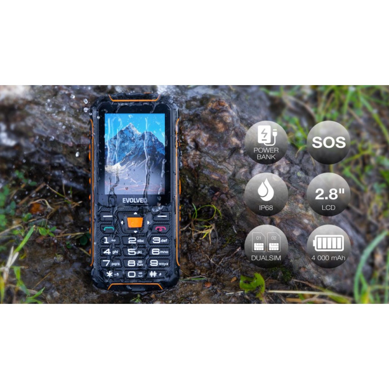 EVOLVEO StrongPhone Z6, IP68 odolný Dual SIM telefón, 2,8'' LCD, 4000mAh, Powerbanka, černo-oranžový