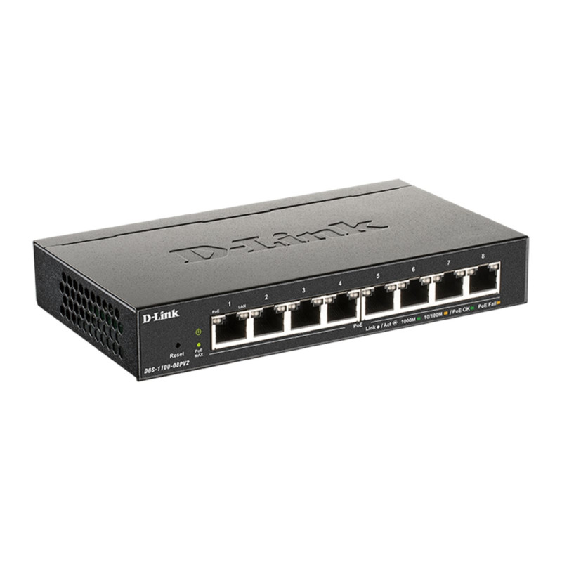 D-Link DGS-1100-08PV2 Smart Switch, 8x 1000Base-T 802.3at PoE, 64W PoE budget, Fanless