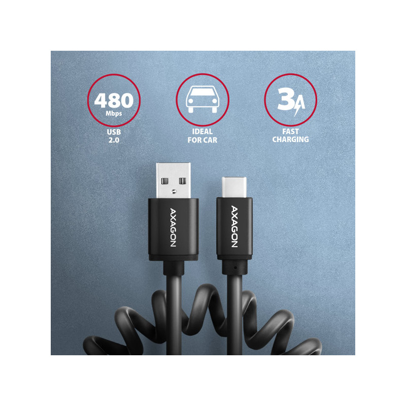 AXAGON BUCM-AM10TB, TWISTER kábel USB-C -- USB-A, 0.6m, USB 2.0, 3A, ALU, tpe, čierny