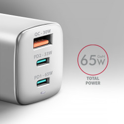 AXAGON ACU-DPQ65W, GaN nabíjačka do siete 65W, 3x port (USB-A + dual USB-C), PD3.0/QC4+/PPS/Apple