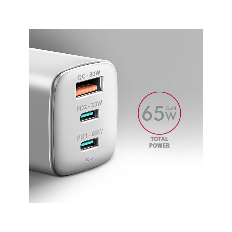 AXAGON ACU-DPQ65W, GaN nabíjačka do siete 65W, 3x port (USB-A + dual USB-C), PD3.0/QC4+/PPS/Apple