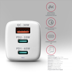 AXAGON ACU-DPQ65W, GaN nabíjačka do siete 65W, 3x port (USB-A + dual USB-C), PD3.0/QC4+/PPS/Apple
