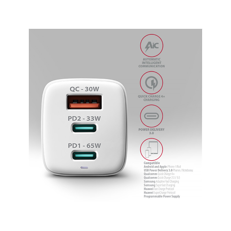AXAGON ACU-DPQ65W, GaN nabíjačka do siete 65W, 3x port (USB-A + dual USB-C), PD3.0/QC4+/PPS/Apple