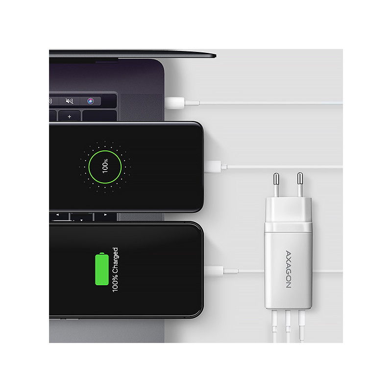 AXAGON ACU-DPQ65W, GaN nabíjačka do siete 65W, 3x port (USB-A + dual USB-C), PD3.0/QC4+/PPS/Apple