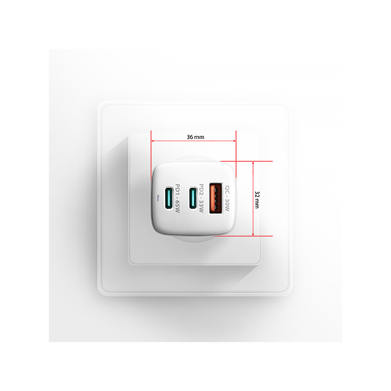 AXAGON ACU-DPQ65W, GaN nabíjačka do siete 65W, 3x port (USB-A + dual USB-C), PD3.0/QC4+/PPS/Apple