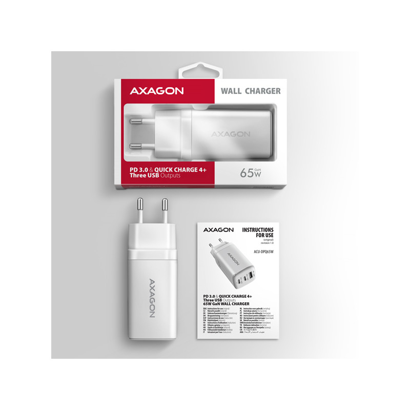 AXAGON ACU-DPQ65W, GaN nabíjačka do siete 65W, 3x port (USB-A + dual USB-C), PD3.0/QC4+/PPS/Apple