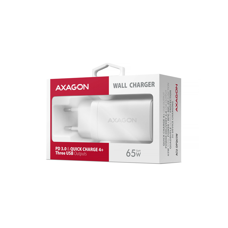 AXAGON ACU-DPQ65W, GaN nabíjačka do siete 65W, 3x port (USB-A + dual USB-C), PD3.0/QC4+/PPS/Apple