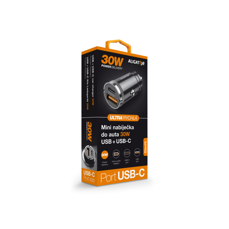 Aligator mini nabíjačka do auta Power Delivery 30W, USB-C + USB-A