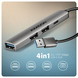 AXAGON HUE-STA, 4x USB ALU STRIP húb, 1x USB-A 5Gbps, 2x USB-A & 1x USB-C 480Mbps, kábel USB-A 12cm