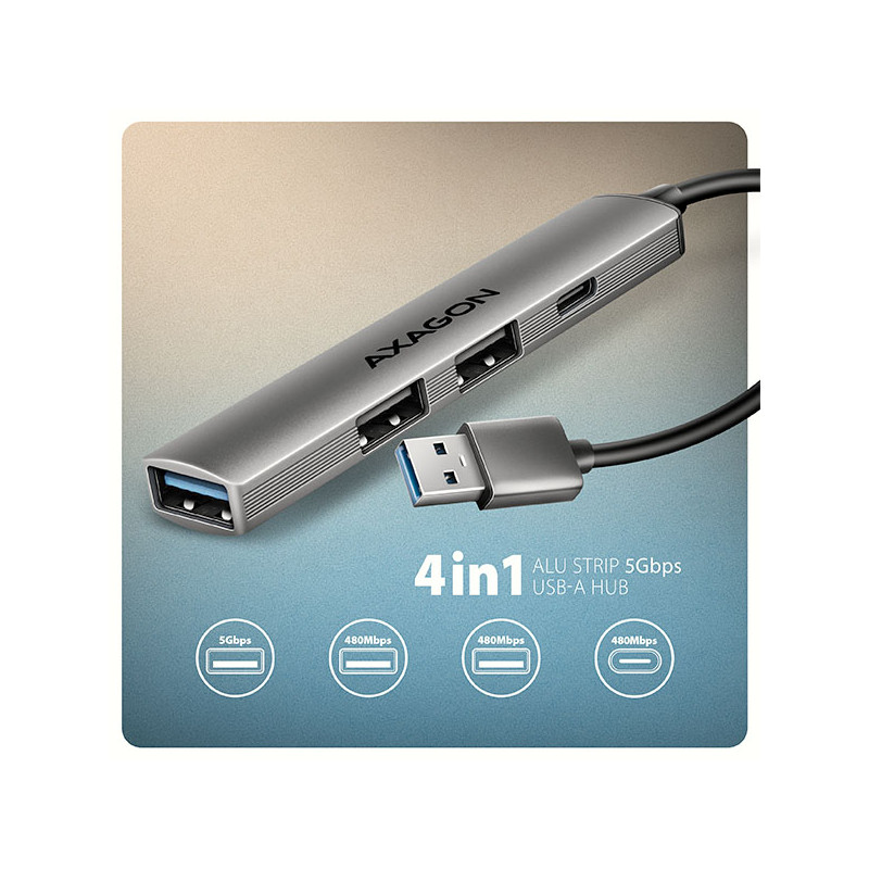 AXAGON HUE-STA, 4x USB ALU STRIP húb, 1x USB-A 5Gbps, 2x USB-A & 1x USB-C 480Mbps, kábel USB-A 12cm