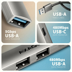 AXAGON HUE-STA, 4x USB ALU STRIP húb, 1x USB-A 5Gbps, 2x USB-A & 1x USB-C 480Mbps, kábel USB-A 12cm
