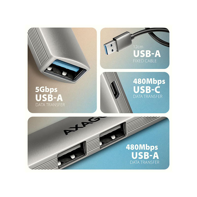 AXAGON HUE-STA, 4x USB ALU STRIP húb, 1x USB-A 5Gbps, 2x USB-A & 1x USB-C 480Mbps, kábel USB-A 12cm