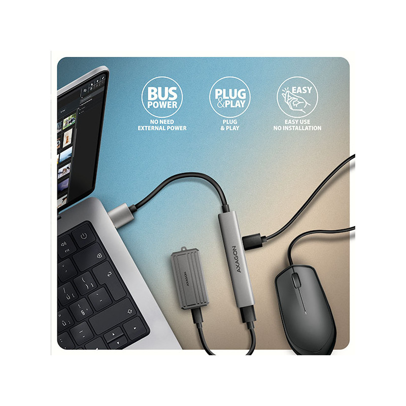 AXAGON HUE-STA, 4x USB ALU STRIP húb, 1x USB-A 5Gbps, 2x USB-A & 1x USB-C 480Mbps, kábel USB-A 12cm