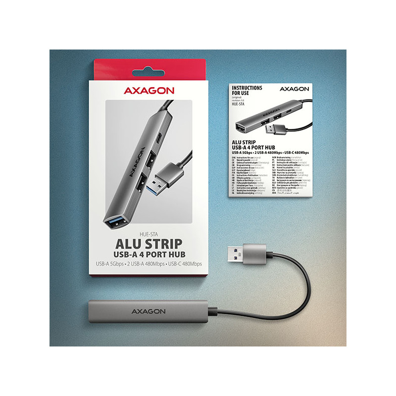 AXAGON HUE-STA, 4x USB ALU STRIP húb, 1x USB-A 5Gbps, 2x USB-A & 1x USB-C 480Mbps, kábel USB-A 12cm