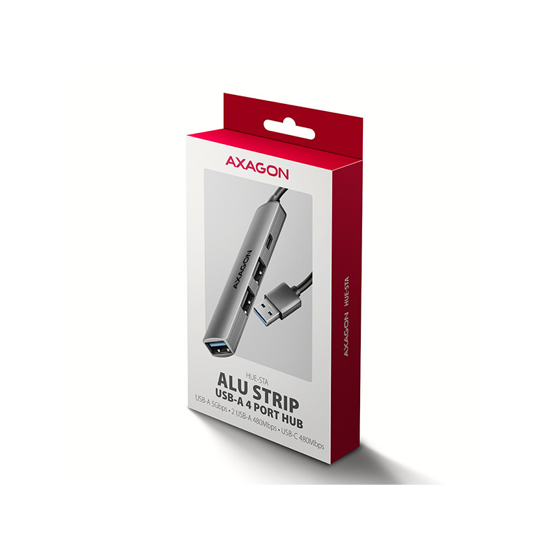 AXAGON HUE-STA, 4x USB ALU STRIP húb, 1x USB-A 5Gbps, 2x USB-A & 1x USB-C 480Mbps, kábel USB-A 12cm