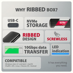 AXAGON EEM2-SC, USB-C 10Gbps externý box pre M.2 NVMe SSD, bezšroubový, žebrovaný hliník