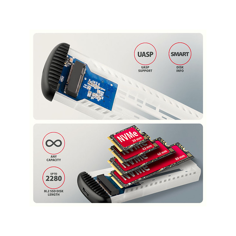 AXAGON EEM2-SC, USB-C 10Gbps externý box pre M.2 NVMe SSD, bezšroubový, žebrovaný hliník