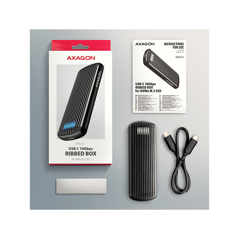 AXAGON EEM2-SC, USB-C 10Gbps externý box pre M.2 NVMe SSD, bezšroubový, žebrovaný hliník
