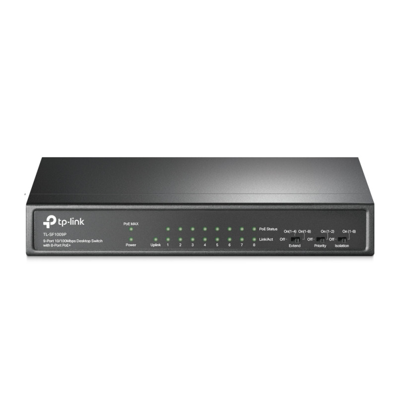 TP-Link TL-SF1009P 8x10/100 POE+ 65W, 1x10/100 RJ45 nonPOE, desktop CCTV switch, kov.