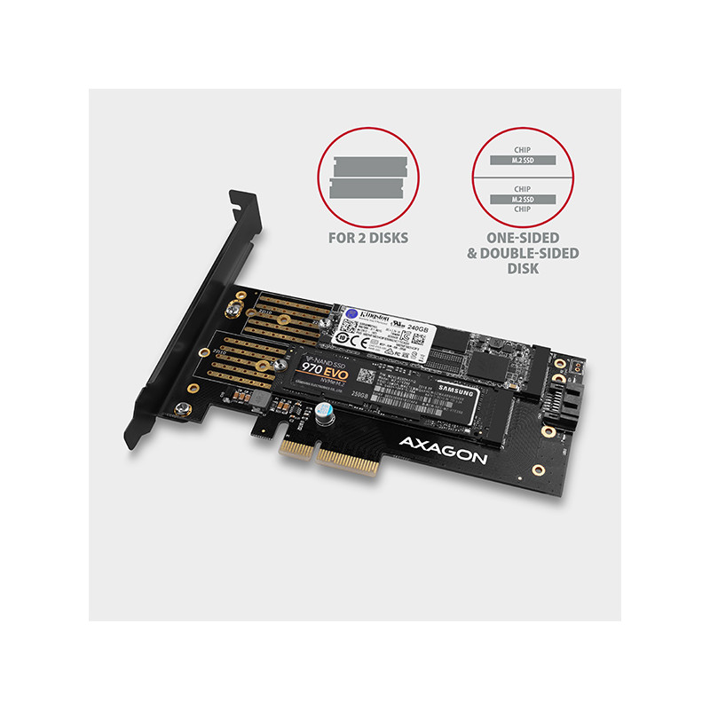 AXAGON PCEM2-D, PCIe x4 - M.2 NVMe M-key + SATA B-key slot adaptér, vr. LP