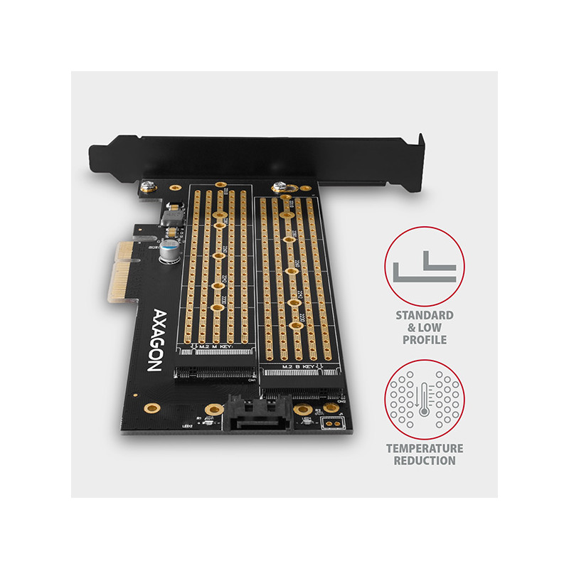 AXAGON PCEM2-D, PCIe x4 - M.2 NVMe M-key + SATA B-key slot adaptér, vr. LP